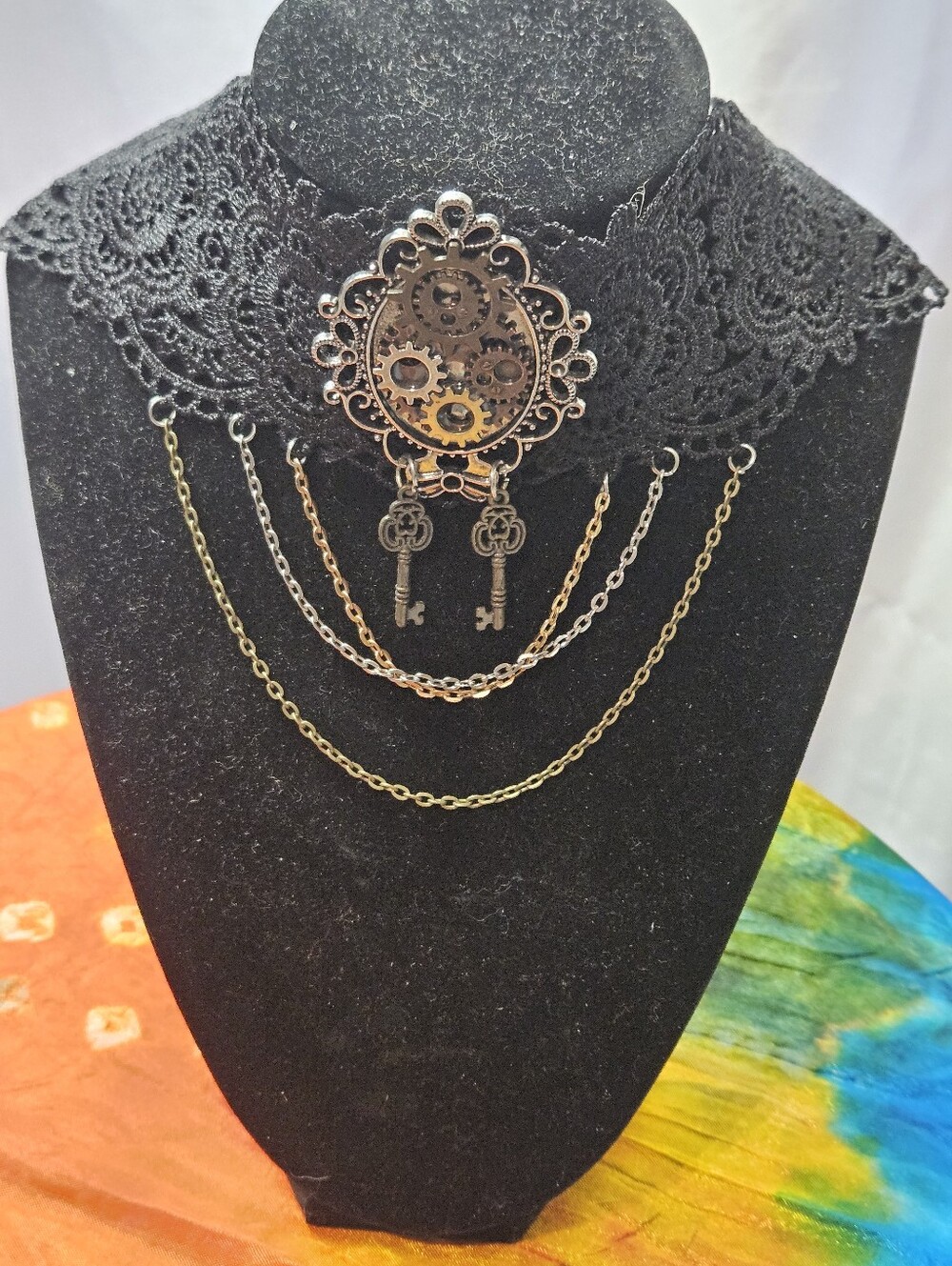 Gothic Black Lace Chocker With Layered Chains And Two Dangling Keys